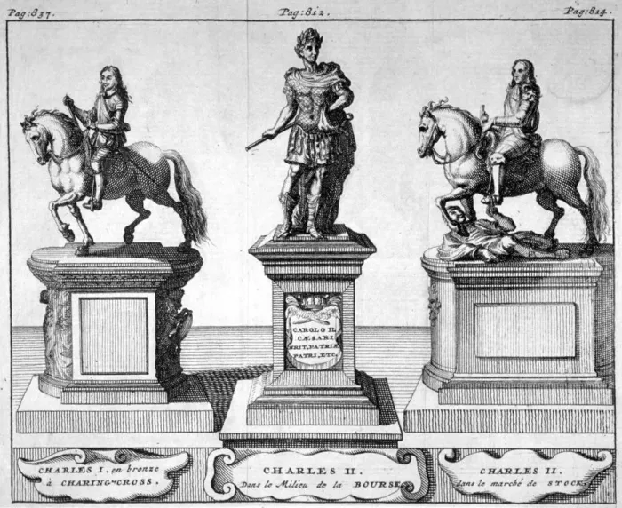 Framed Print : Statues of Kings Charles I and II, 1700 Framed Print : Statues of Kings Charles I and II, 1700
