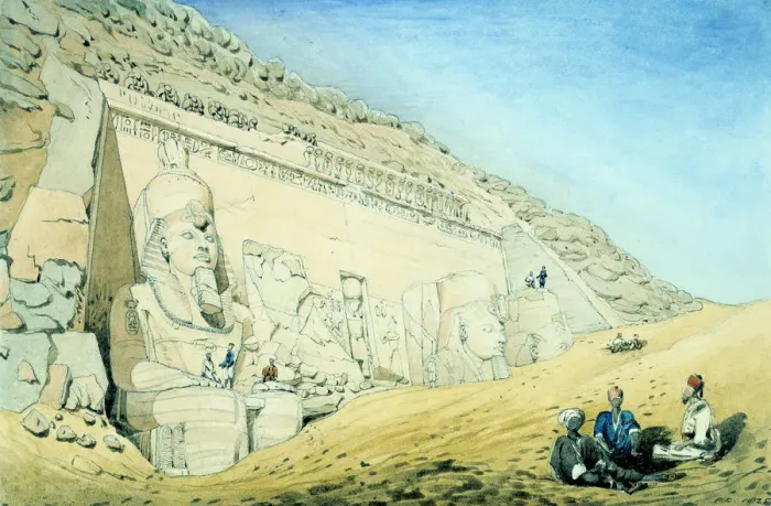 Framed Print : Statues of Rameses II outside the entrance to the main temple at Abu Simbel, Egypt, 13th Century BC. Artist: Frederick Catherwood