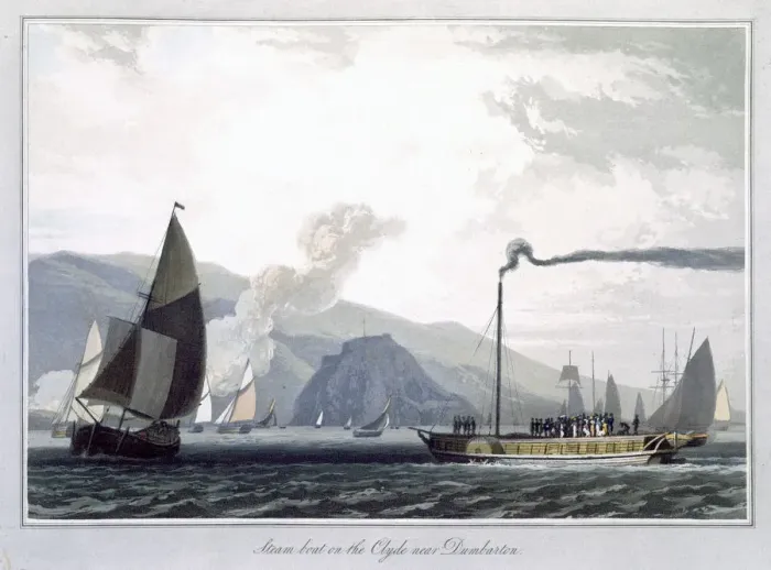 Framed Print : Steam boat on the Clyde near Dumbarton, Scotland, 1829. Artist: William Daniell Framed Print : Steam boat on the Clyde near Dumbarton, Scotland, 1829. Artist: William Daniell