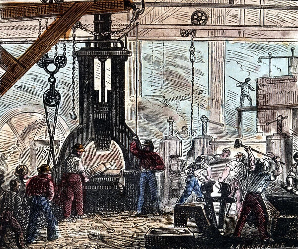 Steam hammer being used in an ironworks, France, 1867