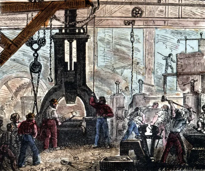 Framed Print : Steam hammer being used in an ironworks, France, 1867 Framed Print : Steam hammer being used in an ironworks, France, 1867
