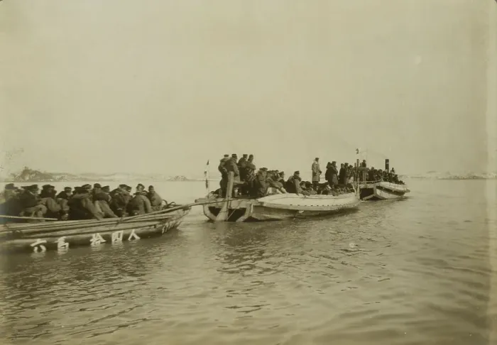 Framed Print : Steam launch carrying six over-crowded boat loads soldiers to landing, Chemulpo, c1904. Creator: Robert Lee Dunn Framed Print : Steam launch carrying six over-crowded boat loads soldiers to landing, Chemulpo, c1904. Creator: Robert Lee Dunn
