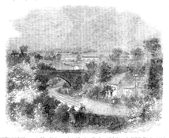 Framed Print : Steam locomotive approaching a bridge, 1858. Creator: Unknown Framed Print : Steam locomotive approaching a bridge, 1858. Creator: Unknown