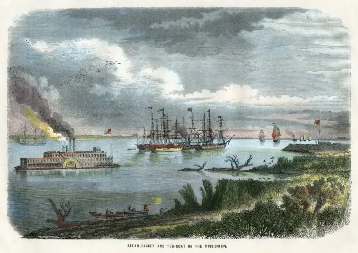 Framed Print : Steam-packet and tug-boat on the Mississippi, USA, c1875 Framed Print : Steam-packet and tug-boat on the Mississippi, USA, c1875