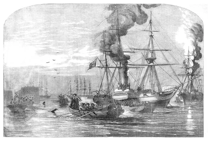 Framed Print : Steam-ships of the Allied Fleet searching for Infernal Machines off Cronstadt... 1854. Creator: Unknown Framed Print : Steam-ships of the Allied Fleet searching for Infernal Machines off Cronstadt... 1854. Creator: Unknown