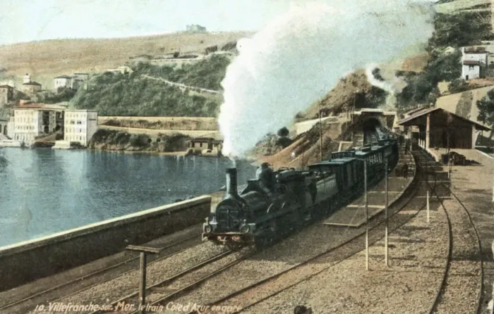 Framed Print : Steam Train in the Villefranche sur Mer station on the French Riviera, 1910 Framed Print : Steam Train in the Villefranche sur Mer station on the French Riviera, 1910