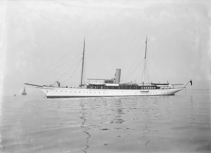 Framed Print : The steam yacht Maid of Honour at anchor, 1914. Creator: Kirk & Sons of Cowes Framed Print : The steam yacht Maid of Honour at anchor, 1914. Creator: Kirk & Sons of Cowes