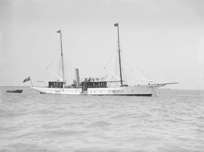 Framed Print : The steam yacht Queen Mab at anchor, 1911. Creator: Kirk & Sons of Cowes Framed Print : The steam yacht Queen Mab at anchor, 1911. Creator: Kirk & Sons of Cowes