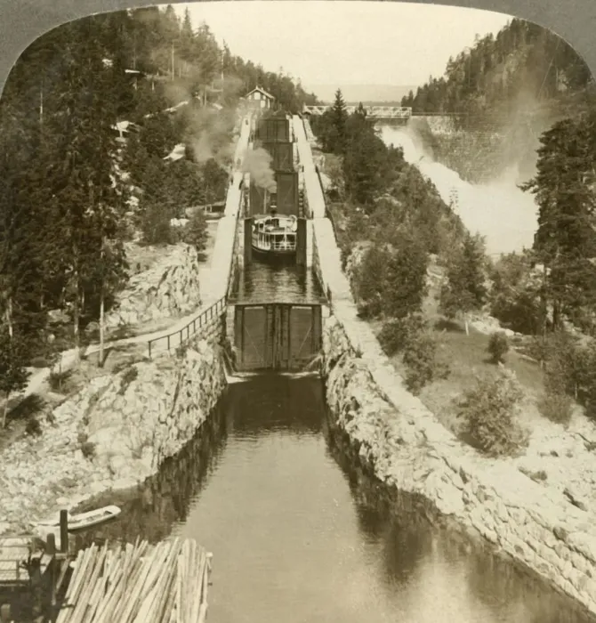 Framed Print : Steamboat climbing a hill beside Vrang waterfall, by locks in Bandak-Nordsjo, Norway, c1905 Framed Print : Steamboat climbing a hill beside Vrang waterfall, by locks in Bandak-Nordsjo, Norway, c1905