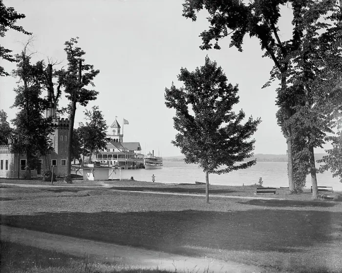 Framed Print : Steamer landing, Lake Chautauqua, between 1880 and 1899. Creator: Unknown Framed Print : Steamer landing, Lake Chautauqua, between 1880 and 1899. Creator: Unknown