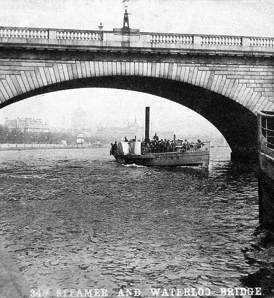 A steamer passing underneath Waterloo Bridge, London, early 20th century