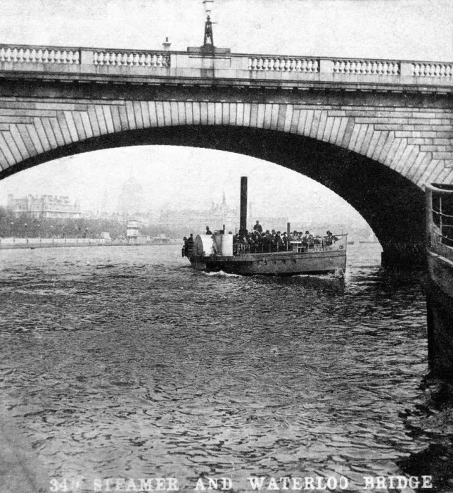 Framed Print : A steamer passing underneath Waterloo Bridge, London, early 20th century Framed Print : A steamer passing underneath Waterloo Bridge, London, early 20th century