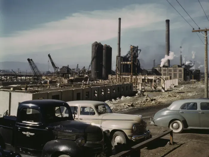 Framed Print : Steel and concrete go into place rapidly as a new steel... Columbia Steel Co. Geneva, Utah, 1942. Creator: Andreas Feininger Framed Print : Steel and concrete go into place rapidly as a new steel... Columbia Steel Co. Geneva, Utah, 1942. Creator: Andreas Feininger
