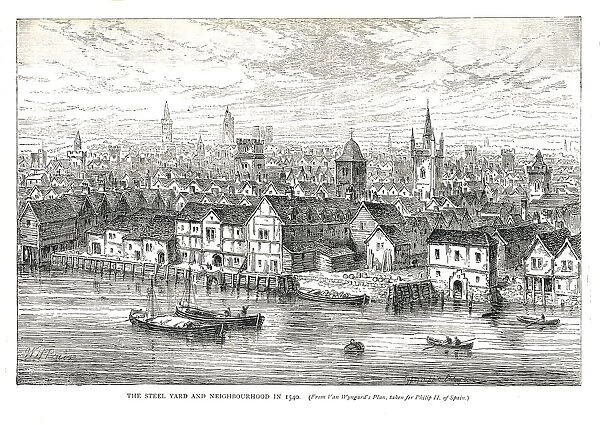 The Steel Yard (Iron Wharf) and Neighbourhood in 1540. On the riverside, 1878 Artist: Walter Thornbury