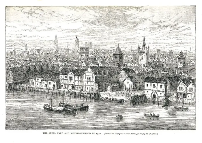 Framed Print : The Steel Yard (Iron Wharf) and Neighbourhood in 1540. On the riverside, 1878 Artist: Walter Thornbury Framed Print : The Steel Yard (Iron Wharf) and Neighbourhood in 1540. On the riverside, 1878 Artist: Walter Thornbury