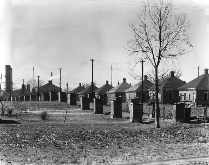 Framed Print : Steelmill workers company houses and outhouses, Republic Steel Company, Birmingham, Alabama, 1936. Creator: Walker Evans Framed Print : Steelmill workers company houses and outhouses, Republic Steel Company, Birmingham, Alabama, 1936. Creator: Walker Evans
