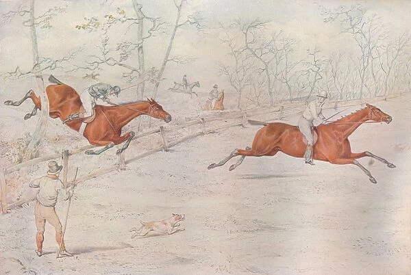 A Steeplechase: Covering a strong bullock fence. Down for a hundred!, 1927. Artist: Henry Thomas Alken
