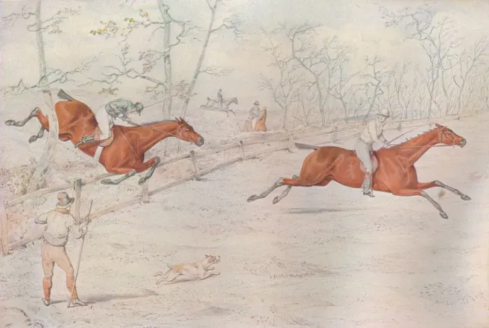Framed Print : A Steeplechase: Covering a strong bullock fence. Down for a hundred!, 1927. Artist: Henry Thomas Alken Framed Print : A Steeplechase: Covering a strong bullock fence. Down for a hundred!, 1927. Artist: Henry Thomas Alken