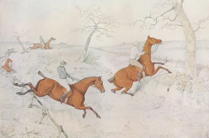 Framed Print : A Steeplechase: Crossing a deep ravine dangerous to pass, 1827. Artist: Henry Thomas Alken Framed Print : A Steeplechase: Crossing a deep ravine dangerous to pass, 1827. Artist: Henry Thomas Alken