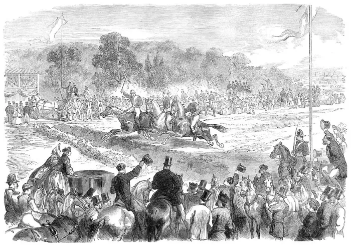Framed Print : Steeplechase with gentlemen riders at Madrid, 1864. Creator: Unknown Framed Print : Steeplechase with gentlemen riders at Madrid, 1864. Creator: Unknown