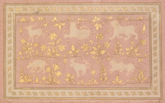 Framed Print : Stenciled Scenes of Lion and Gazelle, c. 1710. Creator: Unknown Framed Print : Stenciled Scenes of Lion and Gazelle, c. 1710. Creator: Unknown