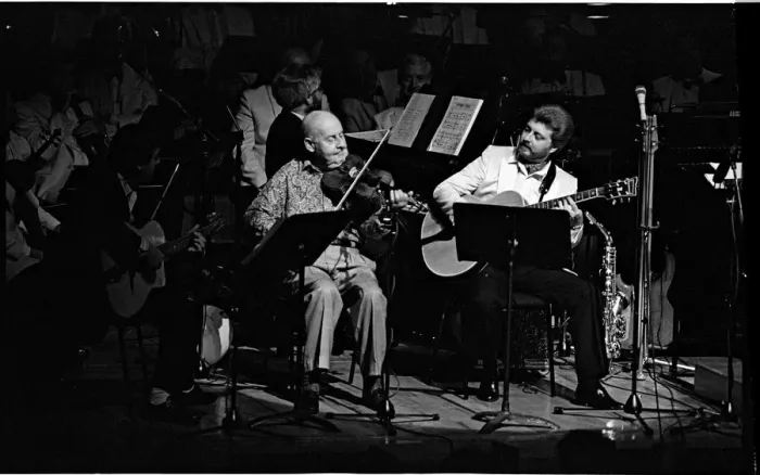 Framed Print : Stephane Grappelli, Barbican, London, 1987. Artist: Brian O Connor Framed Print : Stephane Grappelli, Barbican, London, 1987. Artist: Brian O Connor