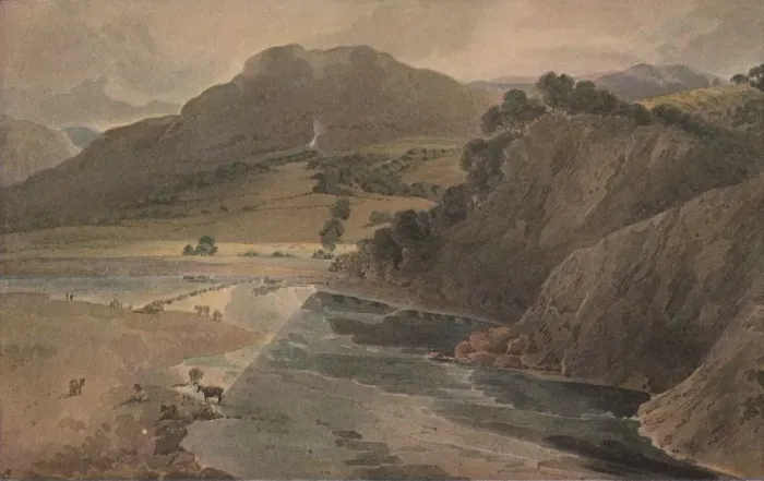 Framed Print : The stepping stones on the Wharfe, above Bolton Abbey, Yorkshire, 1801. Artist: Thomas Girtin Framed Print : The stepping stones on the Wharfe, above Bolton Abbey, Yorkshire, 1801. Artist: Thomas Girtin