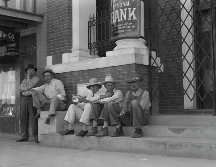 Framed Print : On the steps of the bank in the public square, Memphis, Texas, 1937. Creator: Dorothea Lange Framed Print : On the steps of the bank in the public square, Memphis, Texas, 1937. Creator: Dorothea Lange