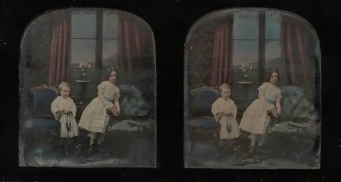 Framed Print : [Stereograph, Two Children Standing Between Furniture in a Studio Parlor Setting], ca
