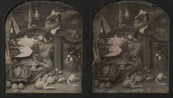 Stereograph Still-life of Fowl with Initialed Barrel and Root Vegetables, 1850s
