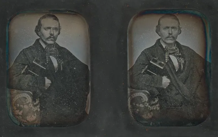 Framed Print : Stereoscopic Portrait of Man Holding Stereoscopic Viewer, 1840s-60s. Creator: Unknown Framed Print : Stereoscopic Portrait of Man Holding Stereoscopic Viewer, 1840s-60s. Creator: Unknown