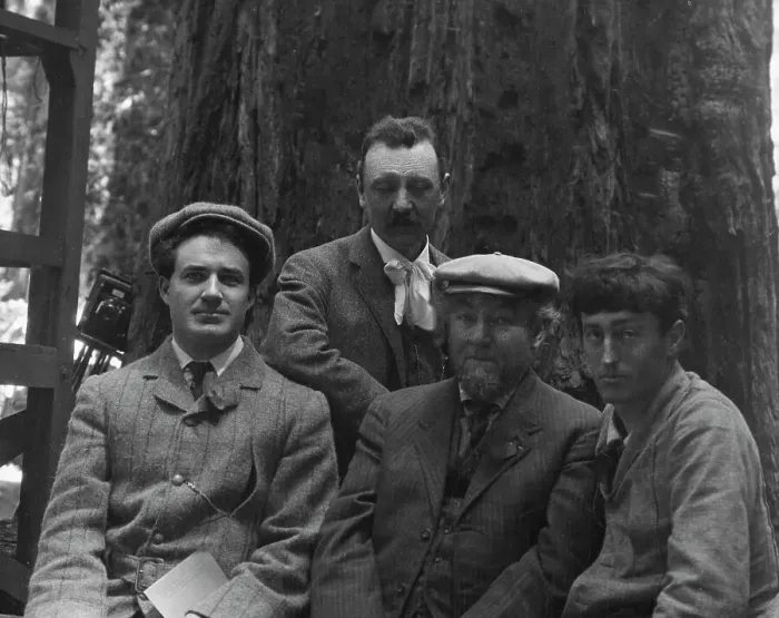Framed Print : Sterling, George and Herman Scheffauer, with two other men, in front of a redwood, c1906-1911. Creator: Arnold Genthe Framed Print : Sterling, George and Herman Scheffauer, with two other men, in front of a redwood, c1906-1911. Creator: Arnold Genthe