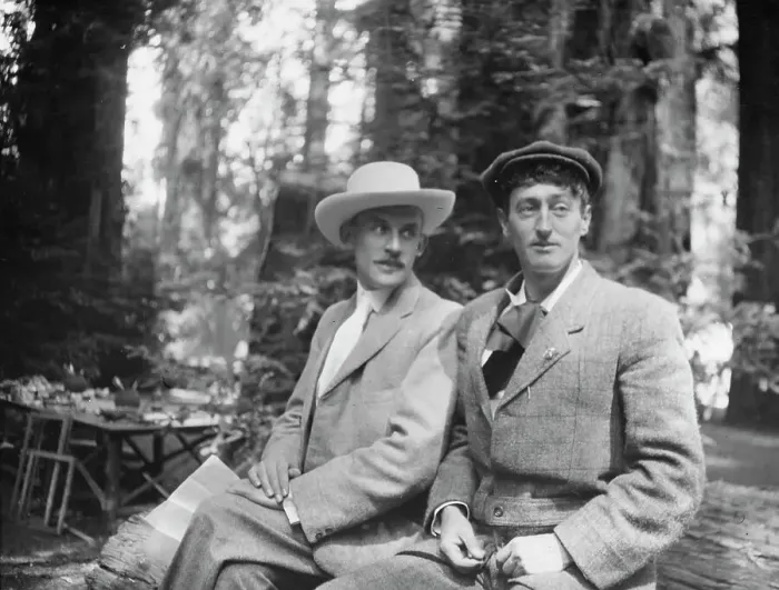 Framed Print : Sterling, George, Mr. and an unidentified man, seated outdoors, between 1906 and 1914. Creator: Arnold Genthe Framed Print : Sterling, George, Mr. and an unidentified man, seated outdoors, between 1906 and 1914. Creator: Arnold Genthe