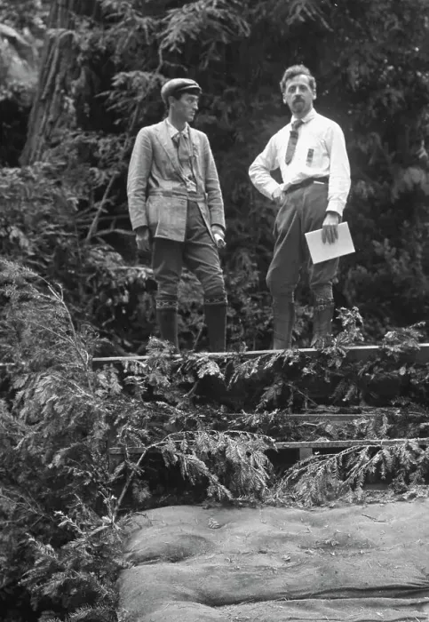 Framed Print : Sterling, George, and Porter Garnett, standing...at the Bohemian Grove, Sonoma, Ca. c1906-1911. Creator: Arnold Genthe Framed Print : Sterling, George, and Porter Garnett, standing...at the Bohemian Grove, Sonoma, Ca. c1906-1911. Creator: Arnold Genthe