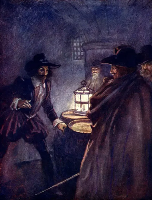 Framed Print : Stern men with drawn swords closed in upon him, 1605, (1905). Artist: As Forrest Framed Print : Stern men with drawn swords closed in upon him, 1605, (1905). Artist: As Forrest
