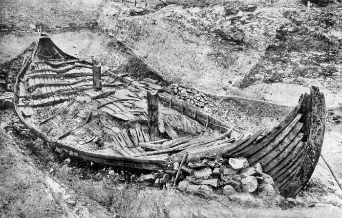Framed Print : Stern view of the Oseberg Viking ship after months of excavation, Norway, c1904-1905 Framed Print : Stern view of the Oseberg Viking ship after months of excavation, Norway, c1904-1905