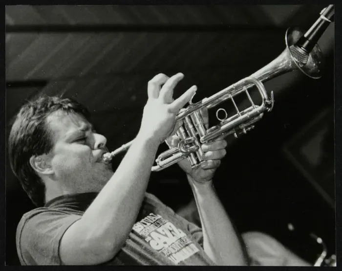 Framed Print : Steve Waterman playing the trumpet at The Fairway, Welwyn Garden City, Hertfordshire, 10 May 1992 Framed Print : Steve Waterman playing the trumpet at The Fairway, Welwyn Garden City, Hertfordshire, 10 May 1992
