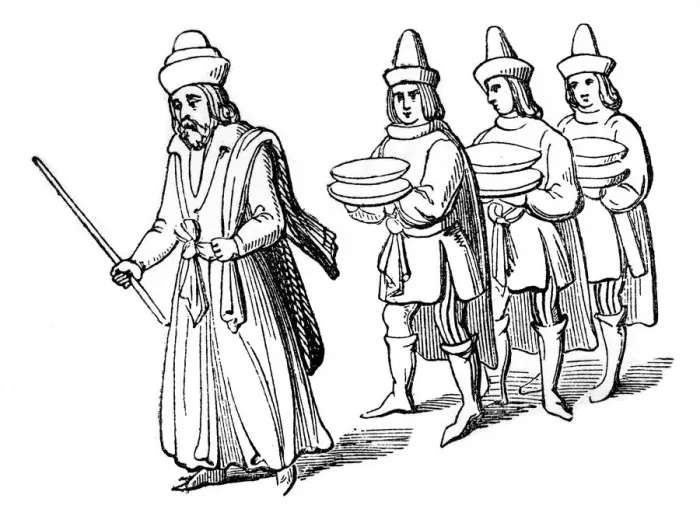 Framed Print : Steward and serving men, 15th century, (1910) Framed Print : Steward and serving men, 15th century, (1910)