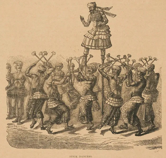 Framed Print : Stick Dancers from Hagenbeck's World Renowned Ceylonese Exhibition, 1886. Creator: Unknown. Stick Dancers from Hagenbeck's World Renowned Ceylonese Exhibition, 1886. Creator: Unknown