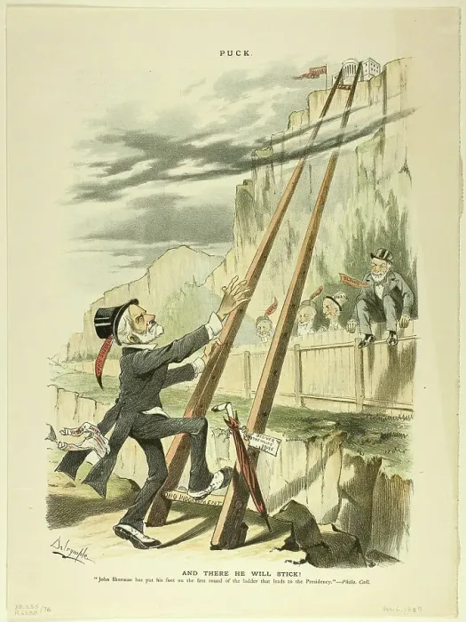 Framed Print : And There He Will Stick!, from Puck, published April 6, 1887. Creator: Louis Dalrymple Framed Print : And There He Will Stick!, from Puck, published April 6, 1887. Creator: Louis Dalrymple