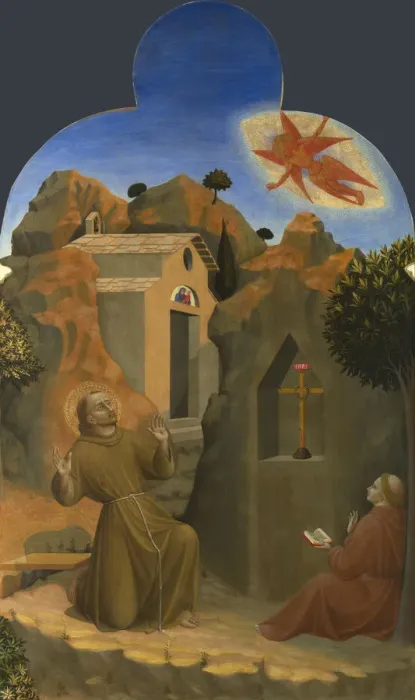 Framed Print : The Stigmatisation of Saint Francis (From Borgo del Santo Sepolcro Altarpiece), 1437-1444. Artist: Sassetta (1392-1450) Framed Print : The Stigmatisation of Saint Francis (From Borgo del Santo Sepolcro Altarpiece), 1437-1444. Artist: Sassetta (1392-1450)
