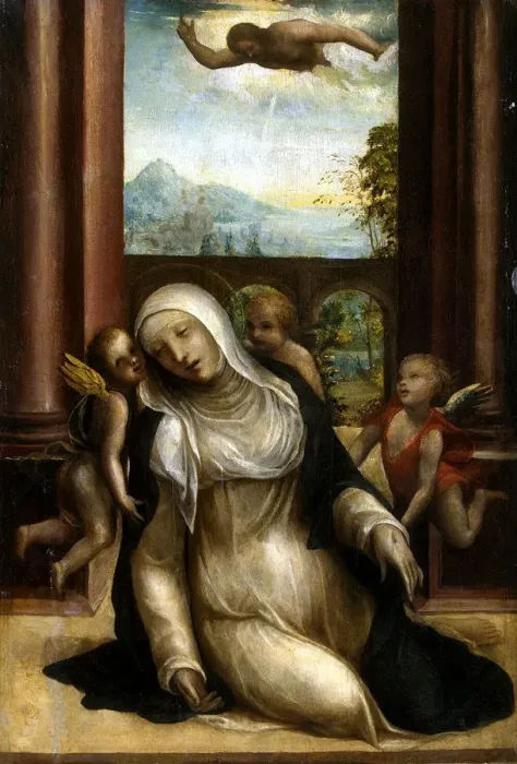 Framed Print : Stigmatization and Faint of Saint Catherine of Siena. Artist: Sodoma, (Workshop) Framed Print : Stigmatization and Faint of Saint Catherine of Siena. Artist: Sodoma, (Workshop)