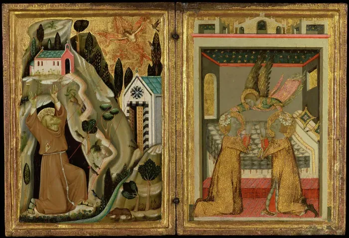 Framed Print : The Stigmatization of Saint Francis, and Angel Crowning Saints Cecilia and Valerian, 1330s. Creator: Unknown Framed Print : The Stigmatization of Saint Francis, and Angel Crowning Saints Cecilia and Valerian, 1330s. Creator: Unknown