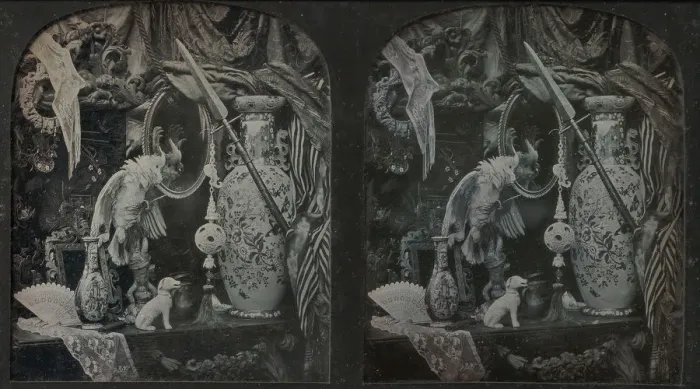 Framed Print : Still-Life with Cockatoo, Mirror, Ornamental Ball, Vases, and Lace, 1850s Framed Print : Still-Life with Cockatoo, Mirror, Ornamental Ball, Vases, and Lace, 1850s