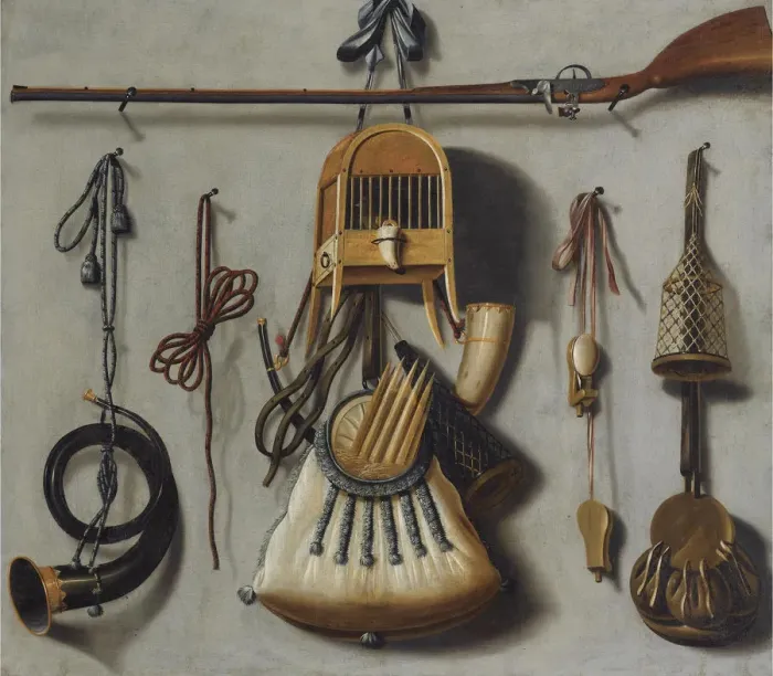 Framed Print : Still-Life with Hunting Equipment. Artist: Leemans, Johannes (1633-1688) Framed Print : Still-Life with Hunting Equipment. Artist: Leemans, Johannes (1633-1688)