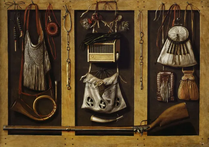 Framed Print : Still-Life with Hunting Equipment, c. 1660. Creator: Leemans, Johannes, (Workshop) Framed Print : Still-Life with Hunting Equipment, c. 1660. Creator: Leemans, Johannes, (Workshop)