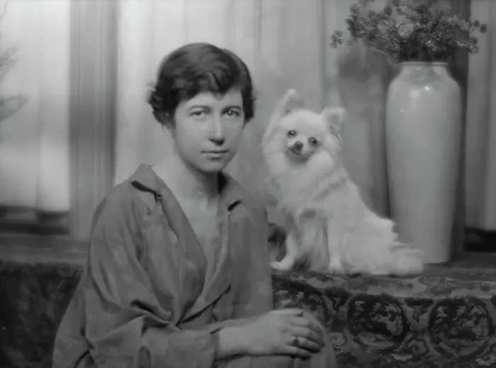 Framed Print : Stimson, Henry B. Mrs. with dog, portrait photograph, 1915. Creator: Arnold Genthe Framed Print : Stimson, Henry B. Mrs. with dog, portrait photograph, 1915. Creator: Arnold Genthe