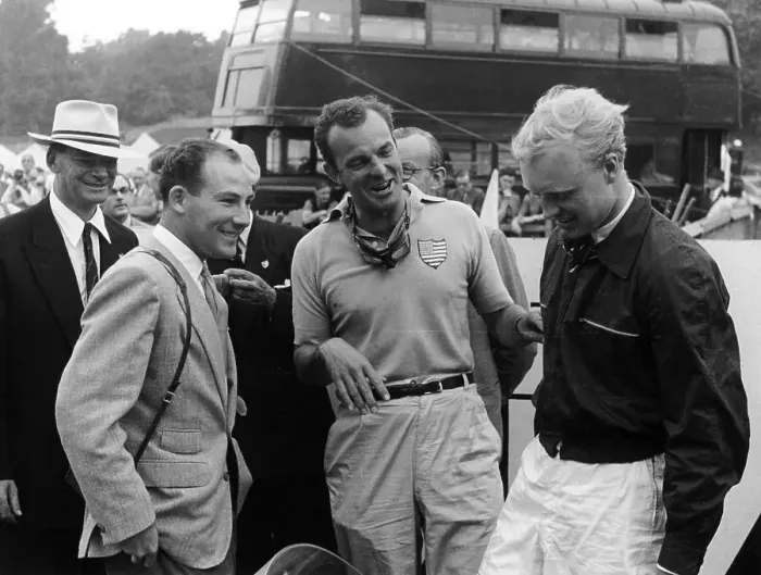 Framed Print : Stirling Moss with Harry Schell and Mike Hawthorn, Crystal Palace, July 1955