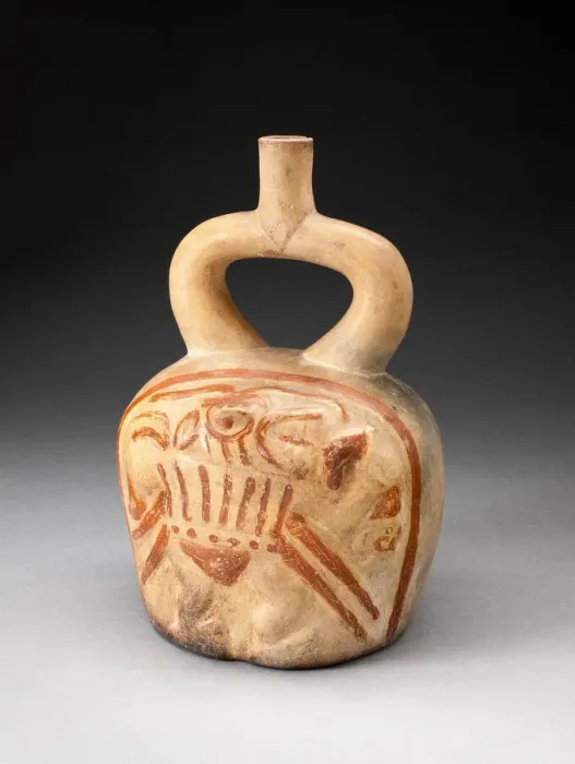 Framed Print : Stirrup Spout Vessel with Relief Depicting a Supernatural Figure Holding a Trophy Head
