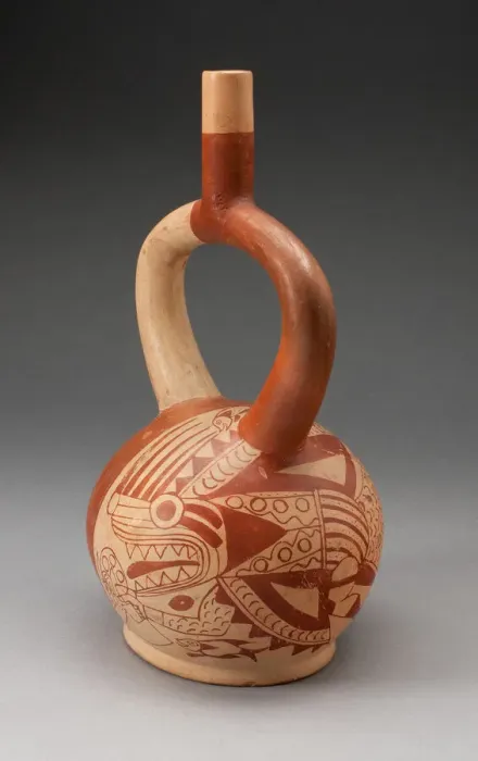 Framed Print : Stirrup Vessel Depicting an Anthropomorphic Composite Being, with Overpainting, 100 B. C
